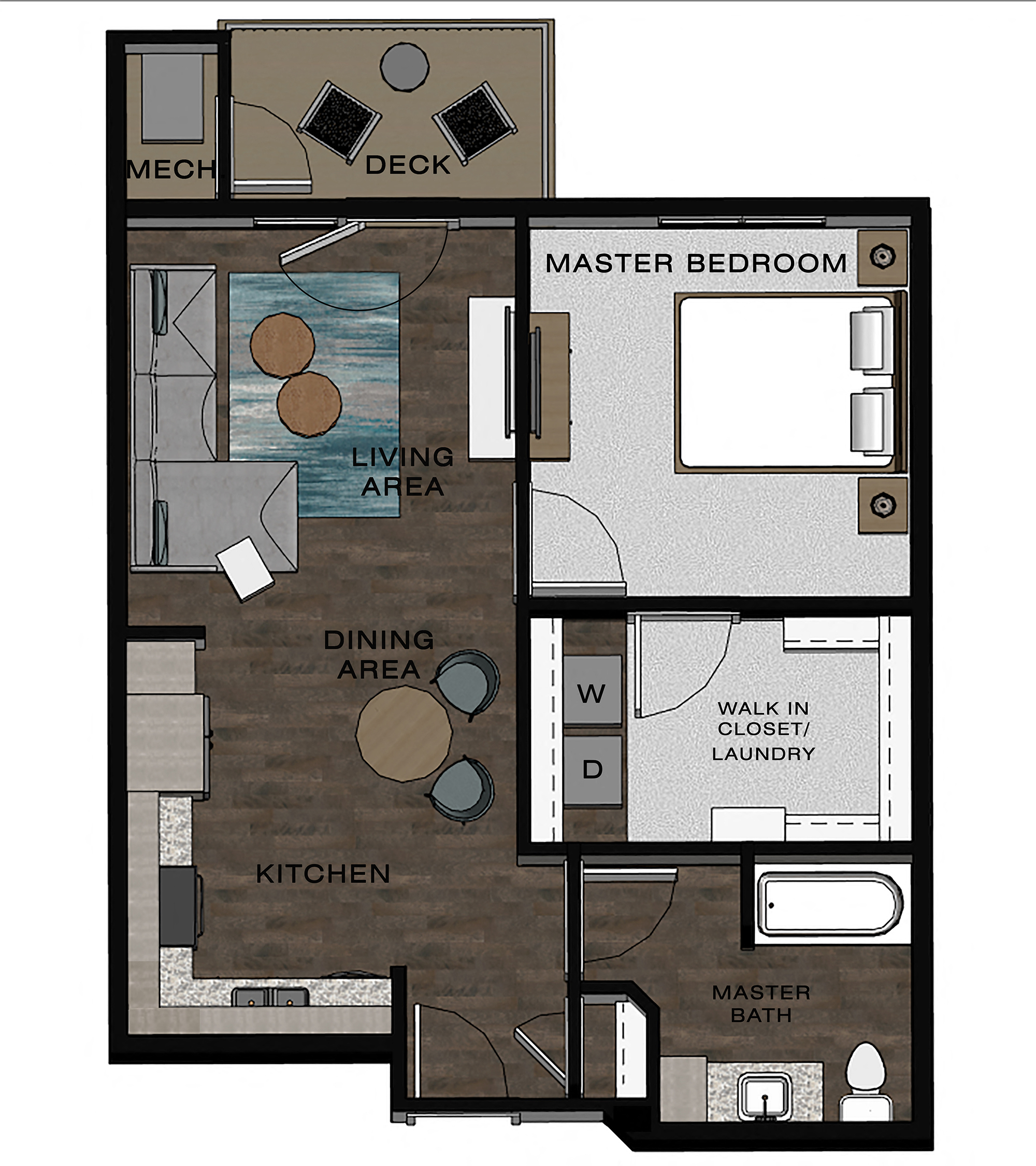 Floor plan for 1 bed, 1 bath, 715 sqft
